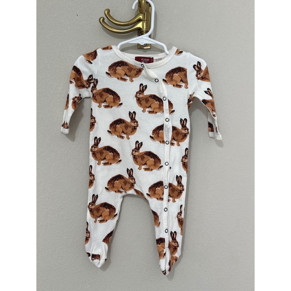 Milkbarn Rabbit Footed Sleeper Baby 0-3 Months White Brown Organic Cotton Snaps